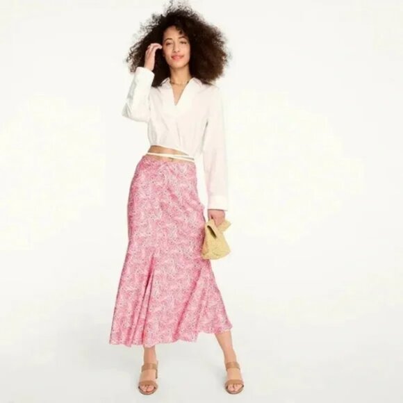 J. Crew Dresses & Skirts - J Crew Satin Flare Slip Skirt Preppy Dandelion Swirl Antique White Pink